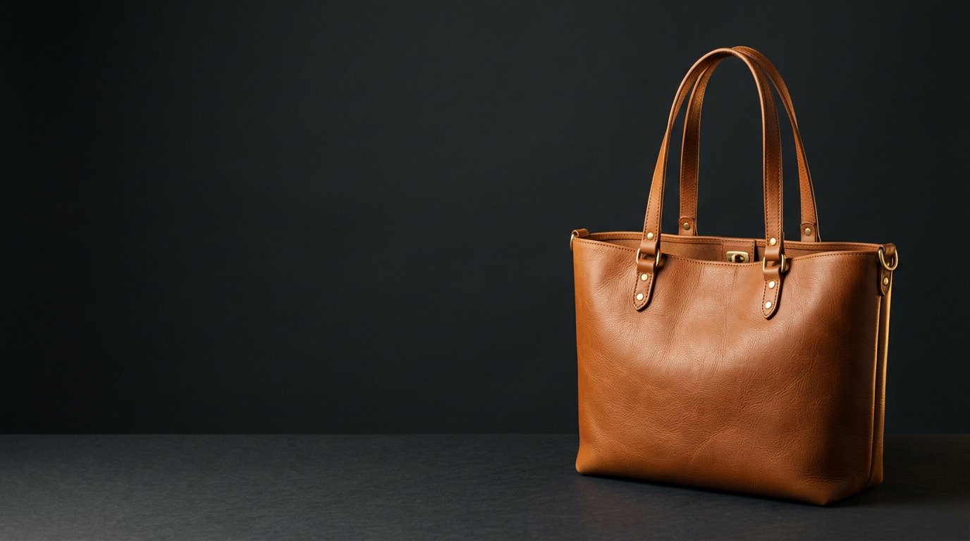 Illustrative tan leather tote bag on a dark background