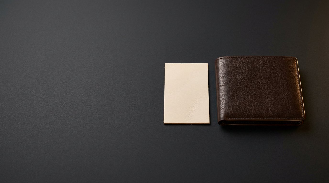 Illustrative unbranded leather wallet and blank leather swatch