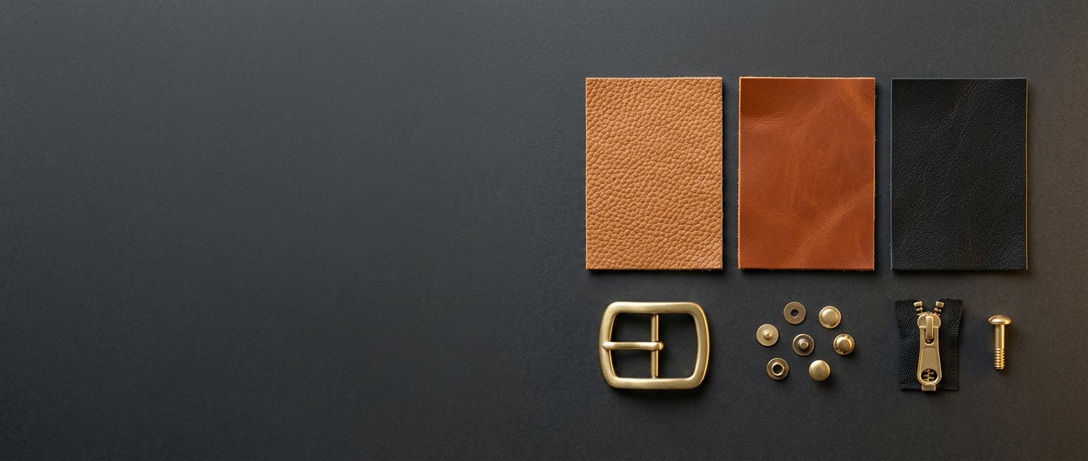 Illustrative leather swatches and brass hardware samples